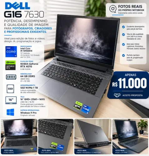 Notebook Dell G16 7630 i9-13900HX RTX 4070 64GB DDR5 SSD 1TB 240Hz