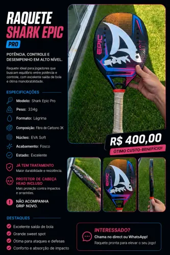 Raquete de beach tennis Shark Epic, seminova