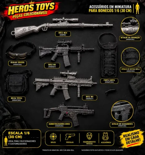 Kit Tático Armas em miniatura escala 1/6
