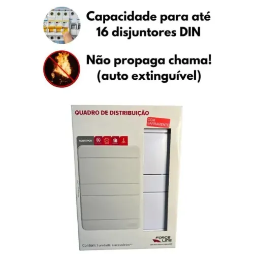 Quadro de Distribuição p/ embutir P/16 Disjuntores Din com Barramento - Force Line