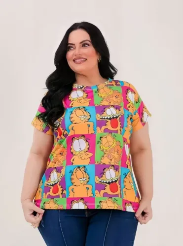 Blusa T-shirt Plus Size, Estampada Garfield, Serve Do P ao M