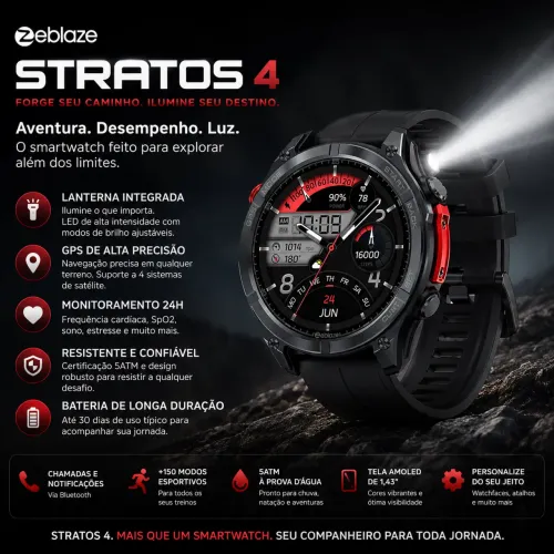 Zeblaze Stratos 4 5ATM (A prova dágua) IP69K Certificação militar +170 modos Sport GPS