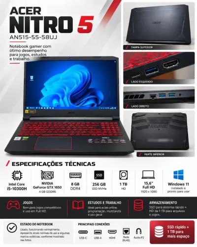 Notebook Gamer Acer Nitro 5 AN515-55 | i5 | GTX 1650 | SSD + 1TB