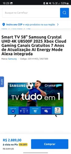 Smart TV 58" Samsung Crystal UHD 4K U8500F 2025 Xbox Cloud Gaming Canais Gratuitos