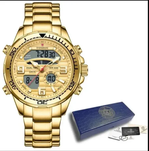 Relógio Analógico e Digital Lige/Foxbox Dourado, Aço Inox,  Ponteiros Luminosos 