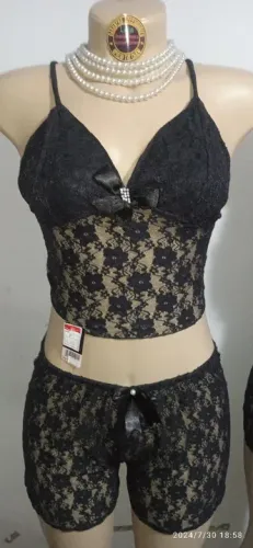 Conjunto Baby Doll adulto de renda elastano Tam P cor preto .