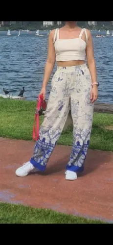 Calça linho pantalona branca com azul P
