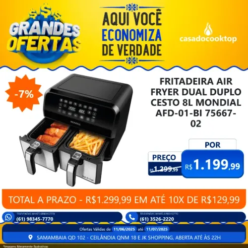 FRITADEIRA AIR FRYER DUAL DUPLO CESTO 8L MONDIAL AFD-01-BI 75667-02