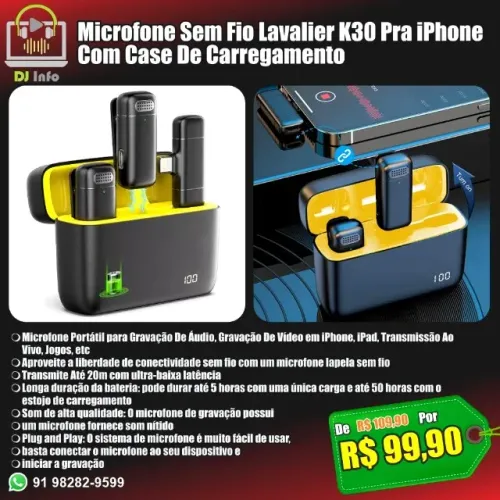 Microfone Sem Fio Lavalier K30 Pra iPhone Com Case De Carregamento