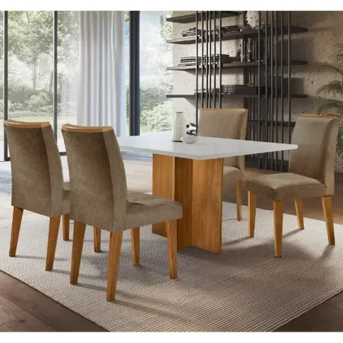 Sala de jantar Olivia em MDF com 4 Cadeiras Lunara Marrom Direto da Fábrica
