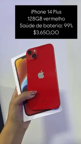  iPhone 14 Plus / 128GB / Vermelho / Saúde de bateria 99% / R$ 3.650,00