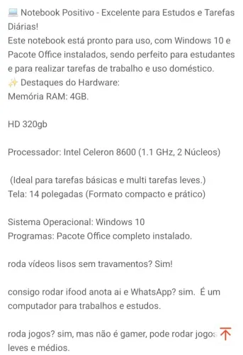 NOTEBOOK POSITIVO USADO
