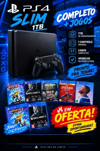 ?PS4 SLIM 1TB - COMPLETO + JOGOS?