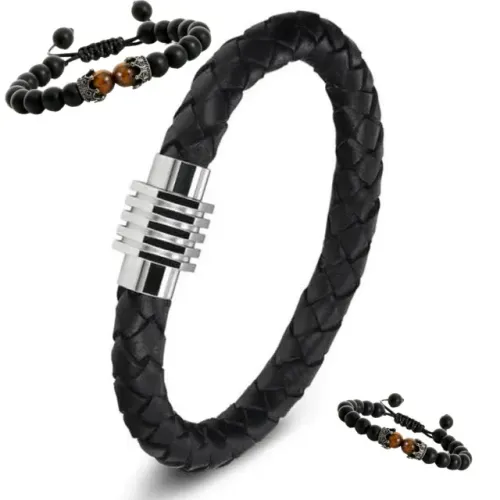 Kit Pulseira Couro Legítimo Trançado Magnética e Puseira Pedra Lisa Coroa Ajustável