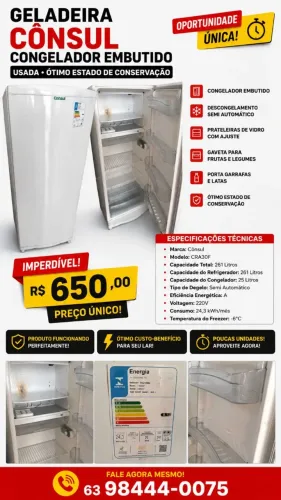 GELADEIRA CÔNSUL CRA30F - 261L - R$ 650,00 ? Geladeira Consul com congelador embutido