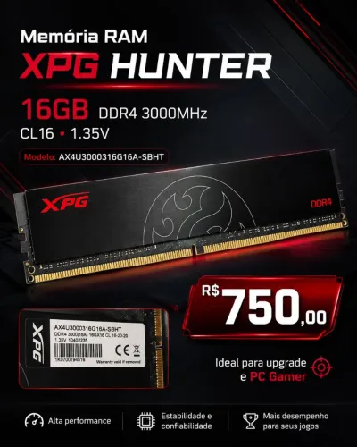 Memória RAM XPG Hunter 16GB DDR4 3000MHz CL16 - Gamer