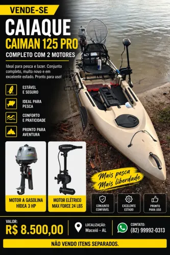 Caiaque Caiman 125 Pro + Motor Hidea 3HP + Motor Elétrico 24 Lbs