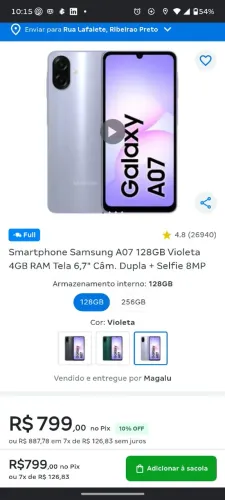 Vendo Samsung Galaxy A07 128Gb cor violeta