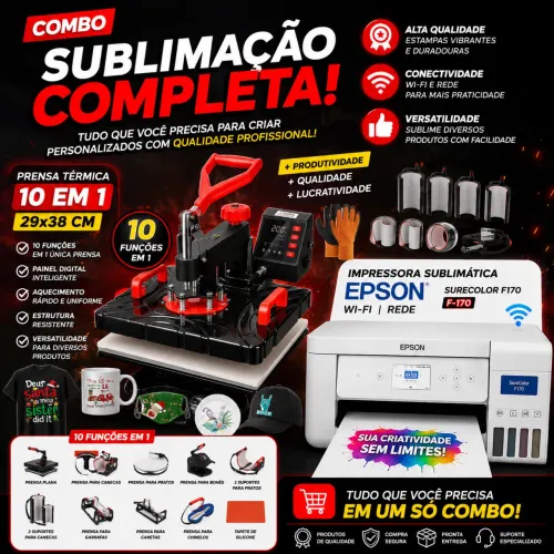 Kit Completo para Sublimação | Prensa 10 em 1 + Epson F170 Wi-Fi