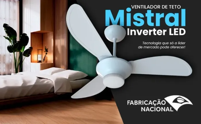 Ventilador De Teto Inverter Mistral Led 3 Pás Com Controle Remoto Ventisol Branco