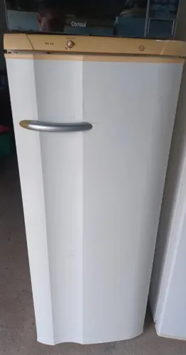 Geladeira branca, com 1 porta e 260 litros.
