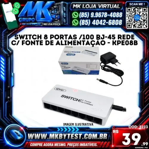 Switch 8 Portas /100 Rj-45 Rede C/ Fonte De Alimentação - KPE08B