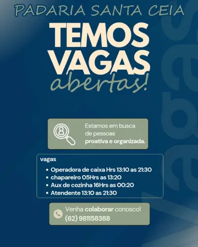 padaria Santa ceia vagas disponíveis