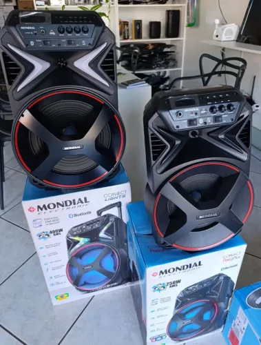 Caixa de som mondial amplificada residencial entrada microfone sem fio a bateria bluetoote