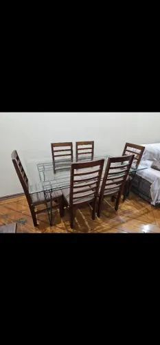 Mesa de aço inoxidável com tampo de vidro + 6 cadeiras