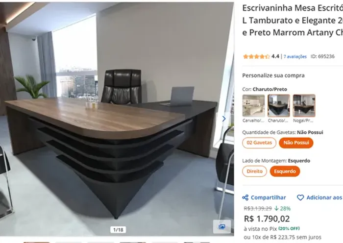 Mesa de Escritório Grande Diretor em L 200CM