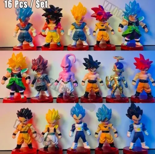 Kit com 16 Bonecos Dragon Ball Z 8Cm em PVC Goku Sayajin Vegeta Trunks Freeza Majin Buu