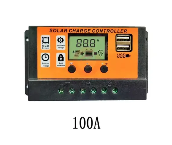 Controlador de Carga Solar 100A 12V/24V com Display LCD e USB