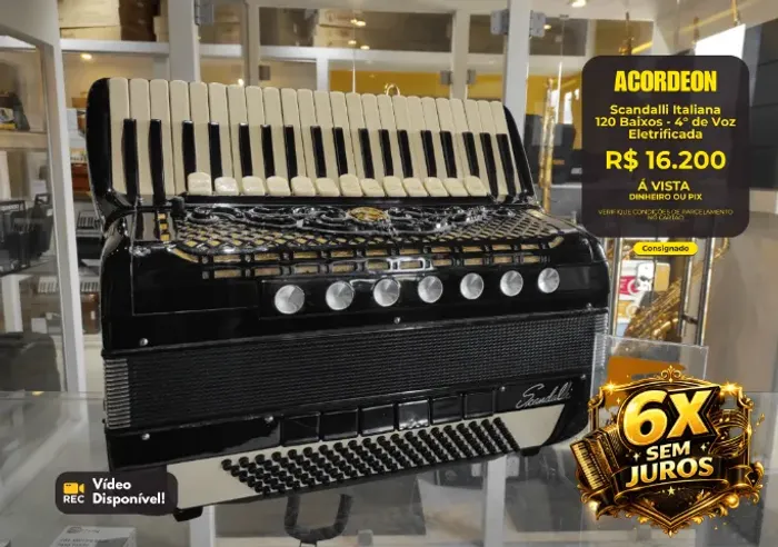 Acordeon 120 Baixos Scandalli 4° de voz - Eletrificada C/1 controle de Volume