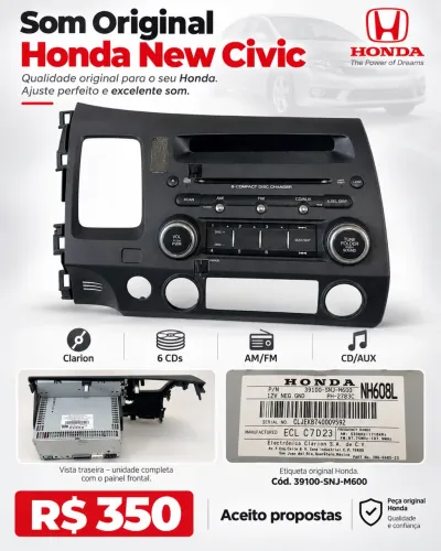 Som Original Honda New Civic 2007 a 2011 - Clarion 6 CDs + Moldura