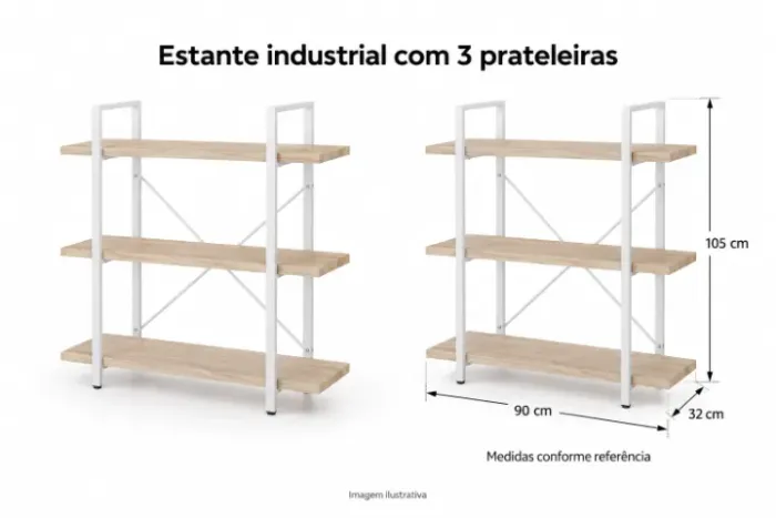 Estante Industrial com 3 Prateleiras e Estrutura Branca