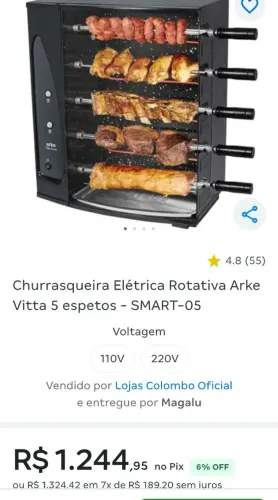 Churrasqueira elétrica rotativa arke 5 espetos