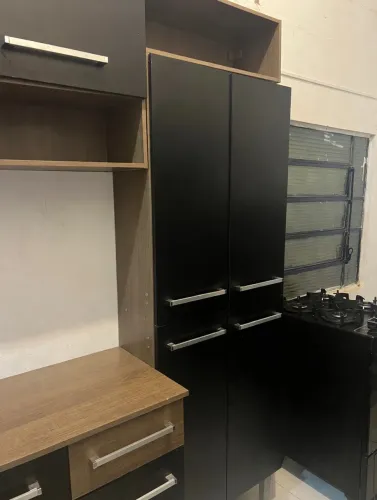Armário de Cozinha Completo - Preto com Madeira - 3 Peças