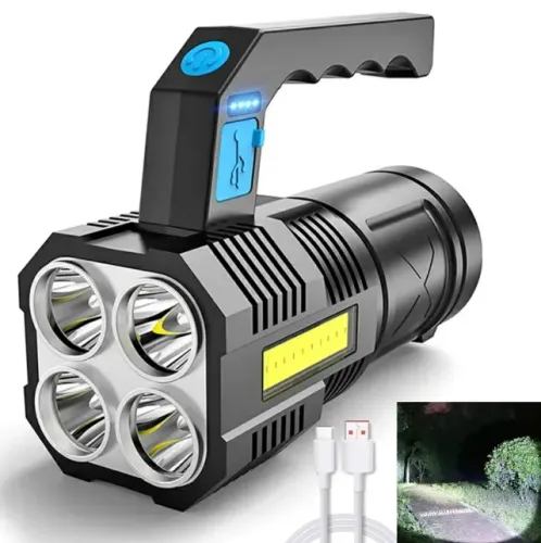 LANTERNA COM 04 FEIXES DE LUZ RECARREG ALTA POTÊNCIA USB, COB, COM ALÇA.