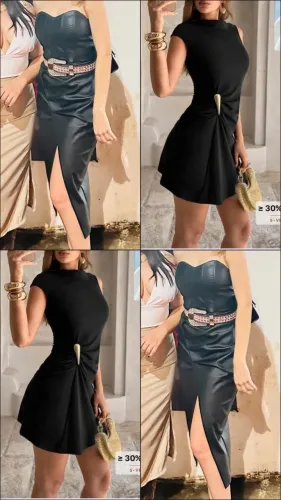 Vestido Preto + Conjunto Cropped e Saia Feminino Elegante