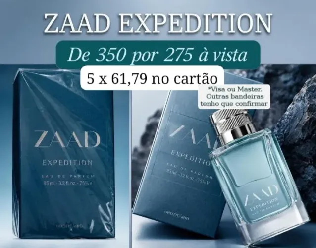 Zaad Expedition de 350 por 275 à vista. 5 x 61,79 no cartão.