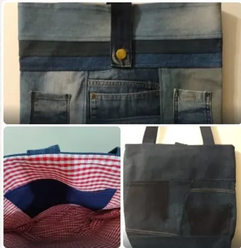 Bolsa feita de Jeans usado e retalhos de tecidos, moda sustentável produto artesanal