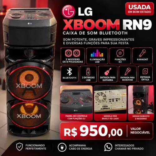 Caixa de Som LG XBOOM RN9 Bluetooth - Som Potente com LED e Karaokê