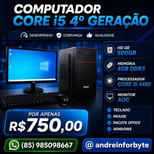 Computador core i5 4º Ger 500Gb de Armazenamento, Monitor, teclado e mouse
