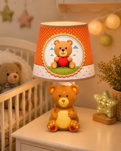 Abajur Novo Ursinho Infantil Em Cerâmica Cúpula Decorada Bivolt