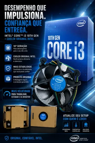 PROCESSADOR I3 10100F + COOLER BOX INTEL ORIGIAL + PASTA TERMICA SILVER.