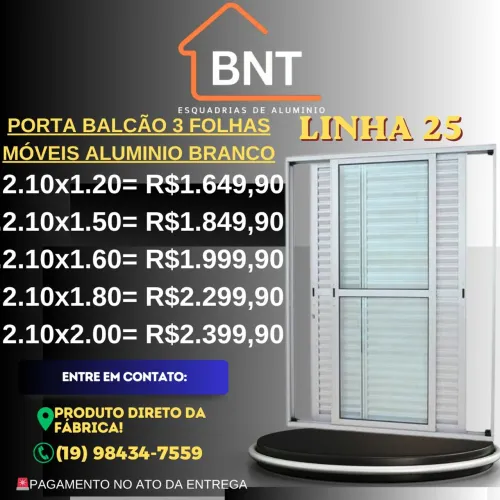 PORTA BALCÃO 3 FOLHAS MÓVEIS ALUMINIO BRANCO 2.10X1.20 (Linha 25)