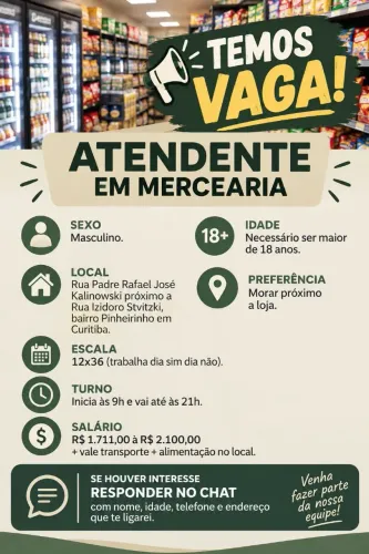 Vaga Masculina para atendente para uma Distribuidora(mercearia) no pinheirinho