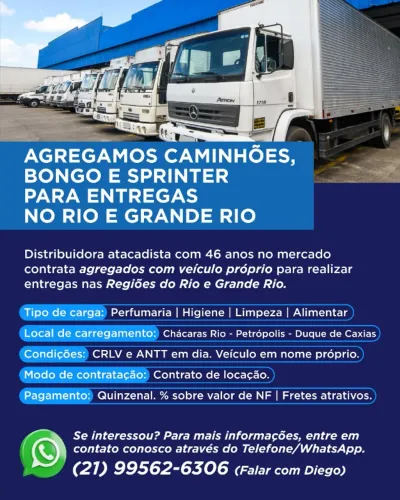Agregamos Caminhões, Bongo, Sprinter para entregas no Rio e Grande Rio