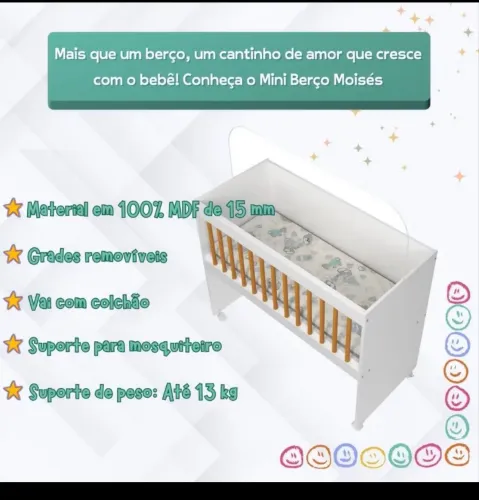 Mini Berço Moisés Multifuncional MDF e Rodízios com Colchão Suporte Mosqueteiro
