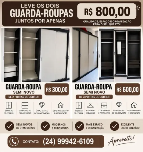 Guarda-Roupa 2 Portas de Correr Semi Novo
